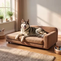 PawHut Dog Bed for Large Breeds, Soft Velvet Dog Couch with Removable Cushion, Backrest, Armrest and Low Feet, Brown(m-2)