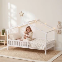 Qaba Twin Bed Frame, Solid Wood Montessori House Bed with Roof, Safety Guardrail for Girls Boys, No Box Spring Needed, White(m-8)