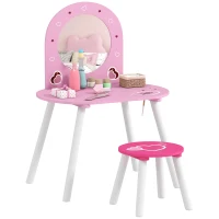 Qaba Kids Dressing Table with Mirror and Stool, Girls Vanity Set for Bedroom, Nursery, for Ages 3-6, Pink(m-9)