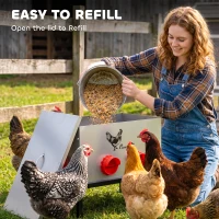 PawHut 35LB Automatic Chicken Feeder, Metal Poultry Feeder w/ 6 No-Waste Ports & Lid, Rat Proof, Weatherproof Design and Stand(m-7)
