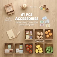 Qaba Wooden Grocery Store Playset Pretend Play with Play Food, Cash Register, Chalkboard, 61 Accessories for Boys & Girls 3-8(m-5)