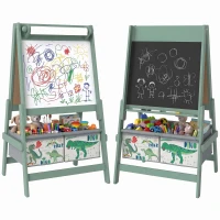 Qaba Art Easel for Kids, 3-in-1 Double-Sided Kids Easel with Chalkboard, Whiteboard, Paper Roll, 2 Storage Bins for 3-8, Green(m-2)