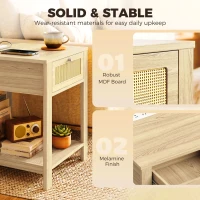 HOMCOM Boho Side Tables Set of 2 with Charging Station, End Tables with Drawer and Open Shelf for Living Room, Natural Wood(m-7)