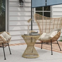 Outsunny Wicker Outdoor Coffee Table, 18" Round Drum-Style Outdoor Patio Table with Tempered Glass Top, Light Brown(m-7)
