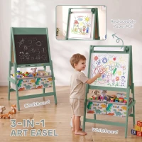 Qaba Art Easel for Kids, 3-in-1 Double-Sided Kids Easel with Chalkboard, Whiteboard, Paper Roll, 2 Storage Bins for 3-8, Green(m-4)