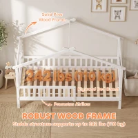 Qaba Twin Bed Frame, Solid Wood Montessori House Bed with Roof, Safety Guardrail for Girls Boys, No Box Spring Needed, White(m-7)