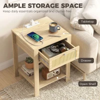 HOMCOM Boho Side Tables Set of 2 with Charging Station, End Tables with Drawer and Open Shelf for Living Room, Natural Wood(m-5)