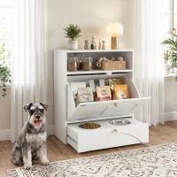 PawHut Dog Feeding Station, Dog Food Storage Cabinet with 2 Elevated Bowls, Tilt-Out Cabinet and Storage Shelf, White(m-1)