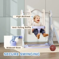 Qaba 4-in-1 Slide and Swing Set with Basketball Hoop, Climber, for Ages 1.5-4 Boys Girls Toddler, Rocket Themed, Light Blue(m-6)