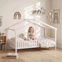 Qaba Twin Bed Frame, Solid Wood Montessori House Bed with Roof, Safety Guardrail for Girls Boys, No Box Spring Needed, White(m-1)