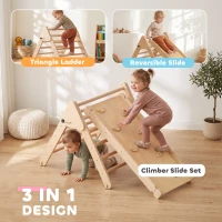 Qaba Pikler Triangle Set, 3 in 1 Climbing Toys with Ramp for Toddlers, Nature Wood(m-4)