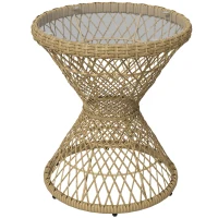 Outsunny Wicker Outdoor Coffee Table, 18" Round Drum-Style Outdoor Patio Table with Tempered Glass Top, Light Brown(m-2)