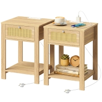 HOMCOM Boho Side Tables Set of 2 with Charging Station, End Tables with Drawer and Open Shelf for Living Room, Natural Wood