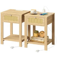 HOMCOM Boho Side Tables Set of 2 with Charging Station, End Tables with Drawer and Open Shelf for Living Room, Natural Wood(m-1)