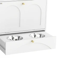 PawHut Dog Feeding Station, Dog Food Storage Cabinet with 2 Elevated Bowls, Tilt-Out Cabinet and Storage Shelf, White(m-9)