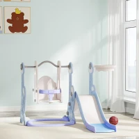 Qaba 4-in-1 Slide and Swing Set with Basketball Hoop, Climber, for Ages 1.5-4 Boys Girls Toddler, Rocket Themed, Light Blue(m-8)