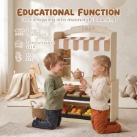Qaba Wooden Grocery Store Playset Pretend Play with Play Food, Cash Register, Chalkboard, 61 Accessories for Boys & Girls 3-8(m-7)