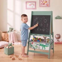 Qaba Art Easel for Kids, 3-in-1 Double-Sided Kids Easel with Chalkboard, Whiteboard, Paper Roll, 2 Storage Bins for 3-8, Green(m-1)