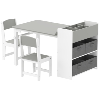 Qaba Kids Desk and Chair Set with Paper Roll, Kids Activity Craft Table with Storage Shelves and Drawers, Gray
