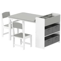 Qaba Kids Desk and Chair Set with Paper Roll, Kids Activity Craft Table with Storage Shelves and Drawers, Gray(m-1)