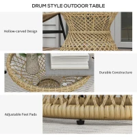 Outsunny Wicker Outdoor Coffee Table, 18" Round Drum-Style Outdoor Patio Table with Tempered Glass Top, Light Brown(m-5)