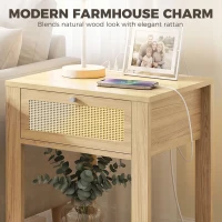 HOMCOM Boho Side Tables Set of 2 with Charging Station, End Tables with Drawer and Open Shelf for Living Room, Natural Wood(m-6)