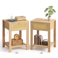HOMCOM Boho Side Tables Set of 2 with Charging Station, End Tables with Drawer and Open Shelf for Living Room, Natural Wood(m-11)