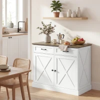 HOMCOM Kitchen Island with Sitting Space, Sideboard Cabinet with 2 Drawers and 2 Adjustable Shelves for Dining Room, White(m-10)