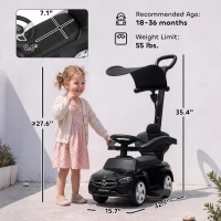 Qaba 4 in 1 Toddler Push Car Licensed Benz with Push Handle, Guardrails, Canopy, Horn, Music, Storage for 18-36 Months, Black(m-3)