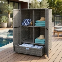 Outsunny Outdoor Storage Cabinet with Shelves, Rattan Pool Towel Storage Cabinet with Removable Shelf & Drawer, Dark Gray(m-2)