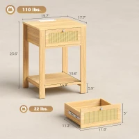 HOMCOM Boho Side Tables Set of 2 with Charging Station, End Tables with Drawer and Open Shelf for Living Room, Natural Wood(m-3)