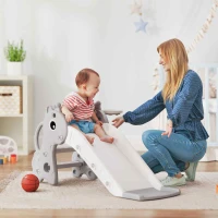 Qaba 3-in-1 Toddler Slide for Age 1-3, Freestanding Kids Slide with Climber, Basketball Hoop and Ball, Giraffe Design, Gray(m-2)
