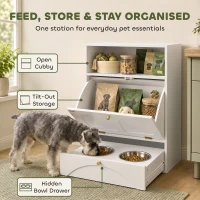 PawHut Dog Feeding Station, Dog Food Storage Cabinet with 2 Elevated Bowls, Tilt-Out Cabinet and Storage Shelf, White(m-4)