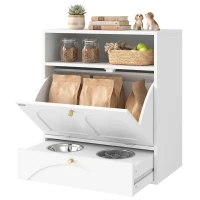 PawHut Dog Feeding Station, Dog Food Storage Cabinet with 2 Elevated Bowls, Tilt-Out Cabinet and Storage Shelf, White(m-2)