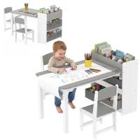 Qaba Kids Desk and Chair Set with Paper Roll, Kids Activity Craft Table with Storage Shelves and Drawers, Gray(m-11)