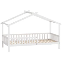 Qaba Twin Bed Frame, Solid Wood Montessori House Bed with Roof, Safety Guardrail for Girls Boys, No Box Spring Needed, White(m-2)