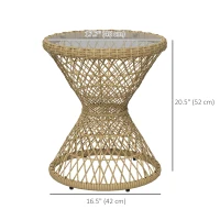 Outsunny Wicker Outdoor Coffee Table, 18" Round Drum-Style Outdoor Patio Table with Tempered Glass Top, Light Brown(m-3)