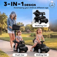 Qaba 4 in 1 Toddler Push Car Licensed Mercedes-Benz with Push Handle, Canopy, Guardrails, Horn, Music for 18-36 Months, Black(m-4)