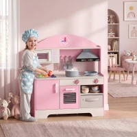 Qaba Wooden Play Kitchen Set for Kids with Real Lights & Sounds, 5PCs Accessories, Gift for Boys & Girls, Ages 3-6, Pink(m-8)