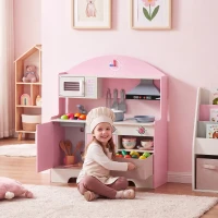 Qaba Wooden Play Kitchen Set for Kids with Real Lights & Sounds, 5PCs Accessories, Gift for Boys & Girls, Ages 3-6, Pink(m-1)