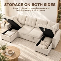 HOMCOM Sectional Sofa Bed, 113" U Shaped Pull Out Sleeper Sofa Bed with Dual Storage Chaises, Wide and Deep Seat, Beige(m-5)