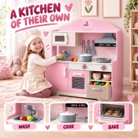 Qaba Wooden Play Kitchen Set for Kids with Real Lights & Sounds, 5PCs Accessories, Gift for Boys & Girls, Ages 3-6, Pink(m-4)