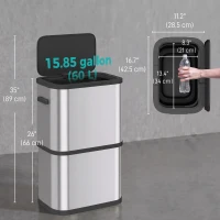 HOMCOM 15.9 Gallon/60 L Garbage Can, Slim Stainless Steel Trash Can with Bag Holder, Soft-Close Lid, Touch-Top Opening, Silver(m-3)
