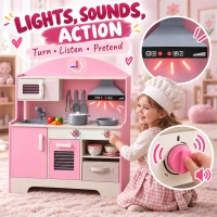 Qaba Wooden Play Kitchen Set for Kids with Real Lights & Sounds, 5PCs Accessories, Gift for Boys & Girls, Ages 3-6, Pink(m-5)