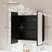 HOMCOM 30 x 24 Inch Bathroom Medicine Cabinet with Mirror, Adjustable Shelves, Wall-Mounted or Recessed, Black(m-3)