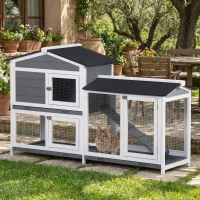 PawHut 2-tier Wooden Rabbit Hutch w/ Ramp and Outdoor Run, Grey(m-1)