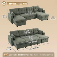 HOMCOM Sectional Sofa Bed, 113" U Shaped Pull Out Sleeper Sofa Bed with Dual Storage Chaises, Wide and Deep Seat, Green(m-3)