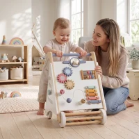 Qaba Wooden Baby Walker, Baby Push Walker w/ Adjustable Speed, Rear Storage for Learning to Walk, Gift for 1.5-3 Years, White(m-1)