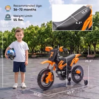 Qaba 12V Kids Motorcycle, 2 x 35W Electric Dirt Bike with Training Wheels, Rear Suspension, Horn for 3-6 Years, Orange(m-3)