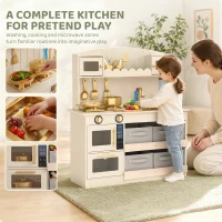 Qaba Wooden Play Kitchen Set for Kids with Real Lights & Sounds, 12PCs Accessories, Gift for Boys & Girls, Ages 3-6, Cream(m-4)